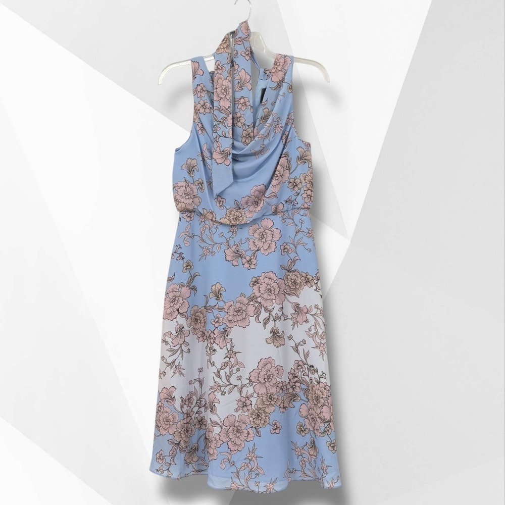 Vince Camuto Floral Cowl Neck Scarf Tie Midi Dress Light Blue‎ Size 8